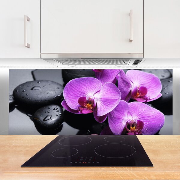 Panou sticla bucatarie Pietre florale flori violet negru
