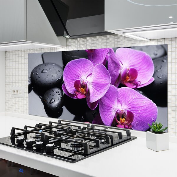 Panou sticla bucatarie Pietre florale flori violet negru