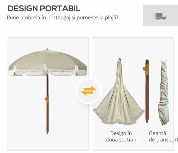 Outsunny Umbrelă de Plajă Portabilă cu Volane în Aer Liber cu Baldachin Ventilat, Geantă de Transport, Ø1.9x2.1 m, Alb-Crem | Aosom Romania