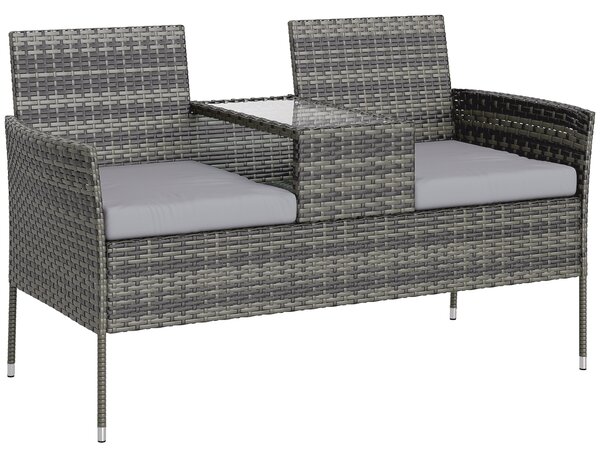 Outsunny Bancă de Grădină cu 2 Locuri din Rattan și Oțel, Bancă de Exterior cu Perne și Măsuță Centrală cu Blat din Sticlă Securizată, 135x64x81 cm, Gri Închis | Aosom Romania