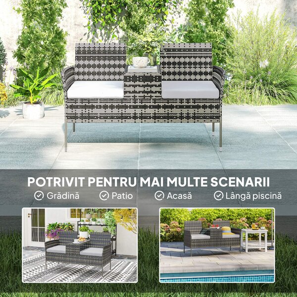Outsunny Bancă de Grădină cu 2 Locuri din Rattan și Oțel, Bancă de Exterior cu Perne și Măsuță Centrală cu Blat din Sticlă Securizată, 135x64x81 cm, Gri Închis | Aosom Romania