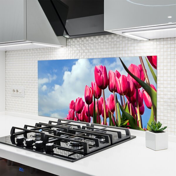 Panou sticla bucatarie Tulip Floral Roz Verde