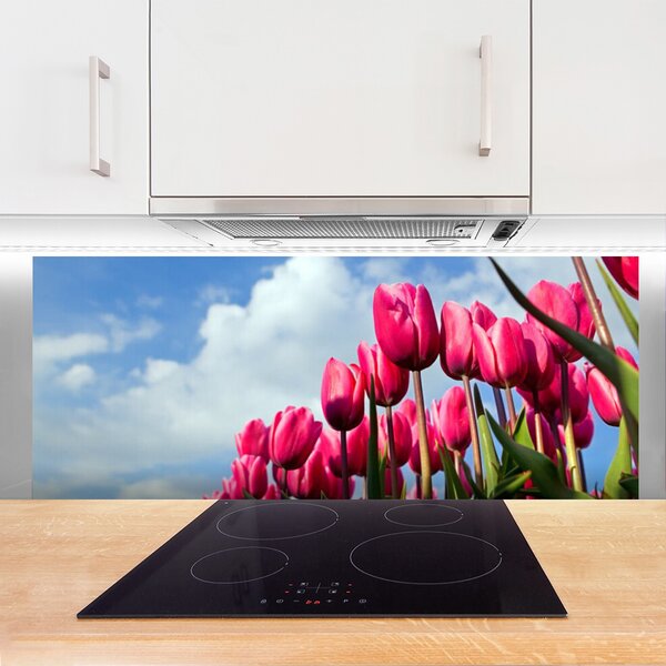 Panou sticla bucatarie Tulip Floral Roz Verde