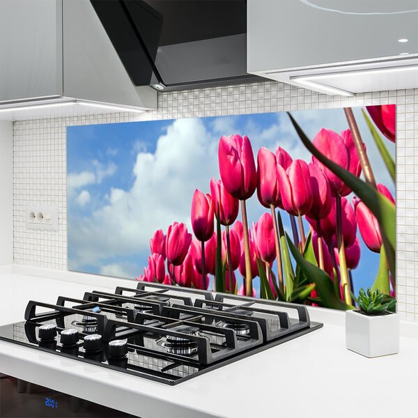 Panou sticla bucatarie Tulip Floral Roz Verde