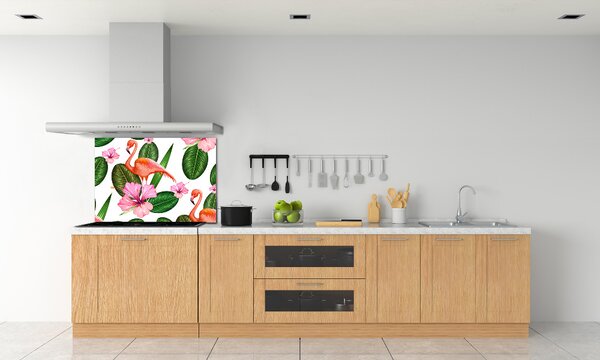 Panou sticlă decorativa bucătărie Flamingos și plante