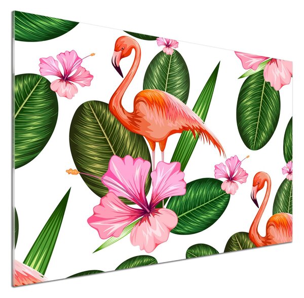Panou sticlă decorativa bucătărie Flamingos și plante