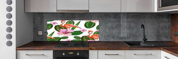 Panou sticlă decorativa bucătărie Flamingos și plante
