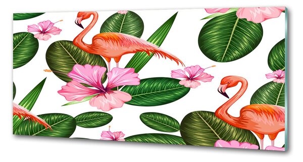 Panou sticlă decorativa bucătărie Flamingos și plante