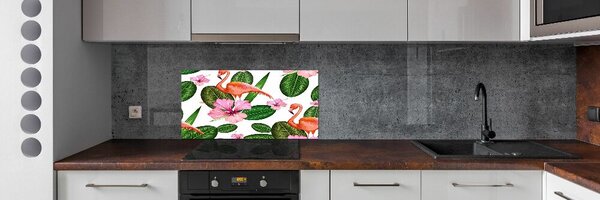 Panou sticlă decorativa bucătărie Flamingos și plante