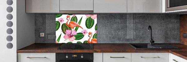 Panou sticlă decorativa bucătărie Flamingos și plante