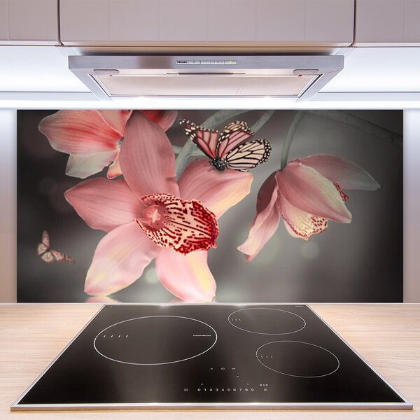 Panou sticla bucatarie Flori Floral Roz Gri