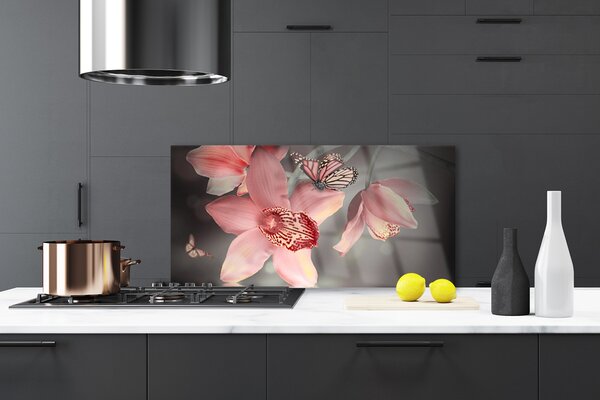 Panou sticla bucatarie Flori Floral Roz Gri