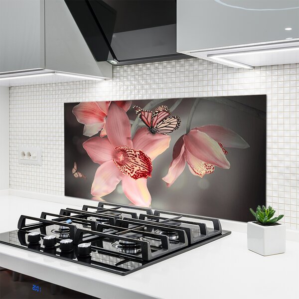 Panou sticla bucatarie Flori Floral Roz Gri