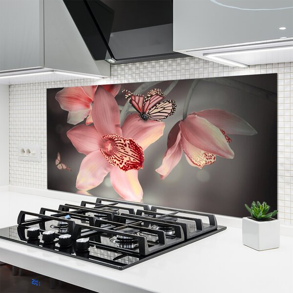 Panou sticla bucatarie Flori Floral Roz Gri
