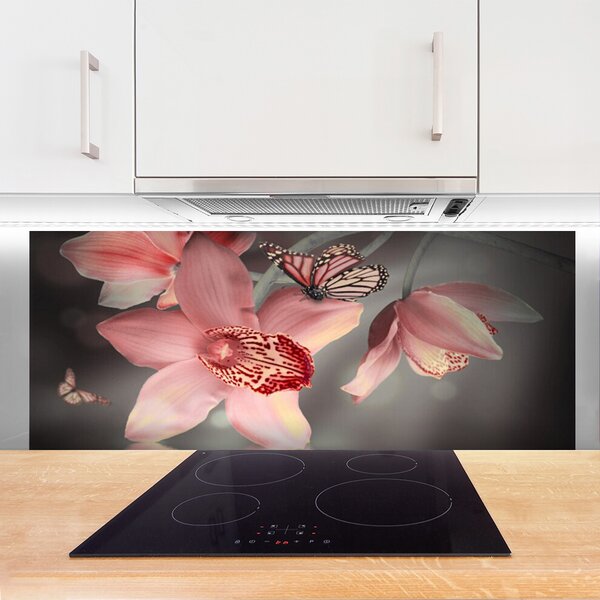Panou sticla bucatarie Flori Floral Roz Gri