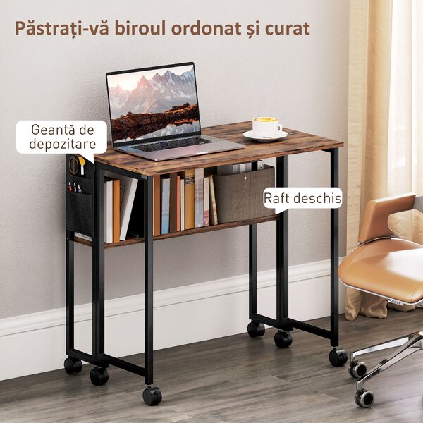 HOMCOM Birou Pliabil de 80 cm cu Raft de Depozitare și Blat Pliabil pe Roți - Maro Rustic | Aosom Romania