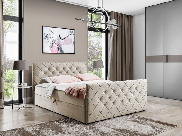 Pat boxspring CarmenBoxspring, Dublu, Maro deschis, 140x200, Tapiterie, Somiera patSomiera pat, 14x21x10cm