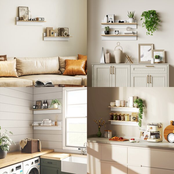HOMCOM Set 2 Rafturi de Perete pentru Casă și Birou, Rafturi din Lemn pentru Bucătărie și Living, 80x16.5x20 cm, Alb și Lemn Natural | Aosom Romania