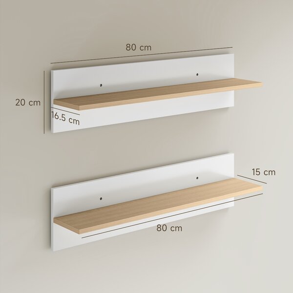 HOMCOM Set 2 Rafturi de Perete pentru Casă și Birou, Rafturi din Lemn pentru Bucătărie și Living, 80x16.5x20 cm, Alb și Lemn Natural | Aosom Romania