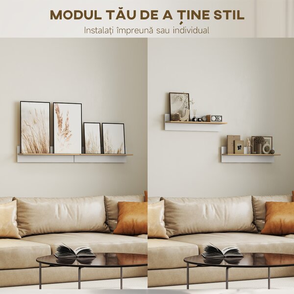 HOMCOM Set 2 Rafturi de Perete pentru Casă și Birou, Rafturi din Lemn pentru Bucătărie și Living, 80x16.5x20 cm, Alb și Lemn Natural | Aosom Romania