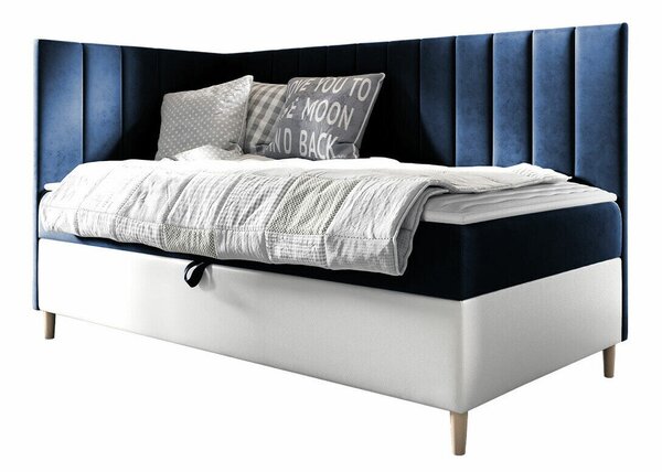 Pat boxspring LucusBoxspring, Single, Albastru, 80x200, Tapiterie, Piele ecologică, Somiera patSomiera pat, 9x21x12cm