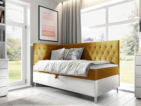 Pat boxspring Lucus IIIBoxspring, Single, Galben, 80x200, Tapiterie, Piele ecologică, Somiera patSomiera pat, 9x21x12cm