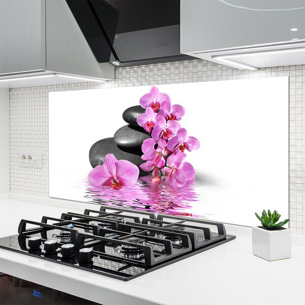 Panou sticla bucatarie Pietrele florale flori roz gri