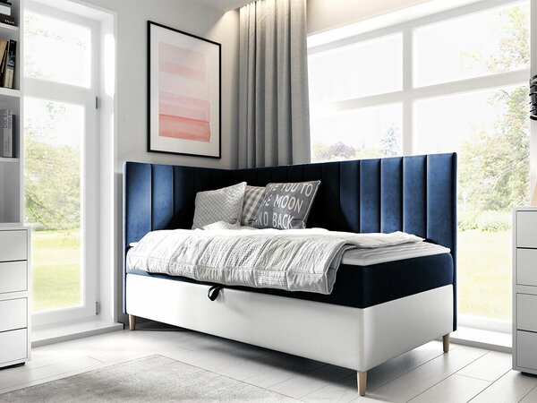 Pat boxspring LucusBoxspring, Single, Albastru, 80x200, Tapiterie, Piele ecologică, Somiera patSomiera pat, 9x21x12cm