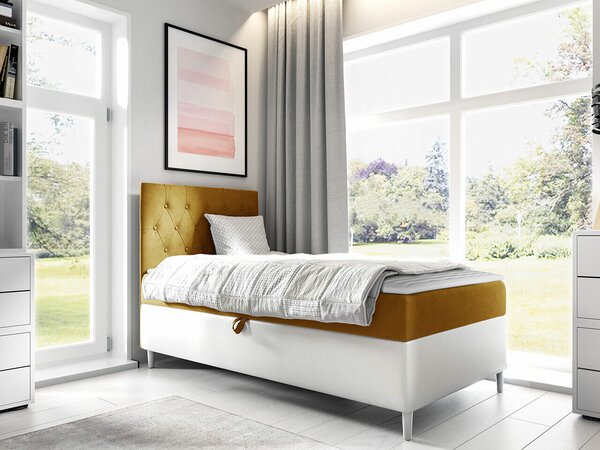 Pat boxspring Lucus VIIBoxspring, Single, Galben, 80x200, Tapiterie, Piele ecologică, Somiera patSomiera pat, 8x21x12cm