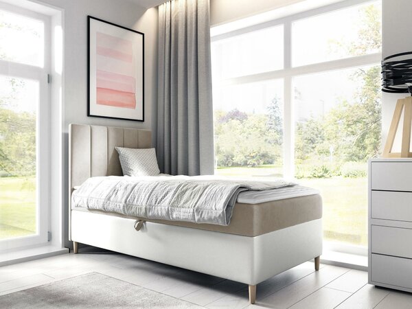Pat boxspring Lucus VIBoxspring, Single, Crem, 80x200, Tapiterie, Piele ecologică, Somiera patSomiera pat, 8x21x12cm