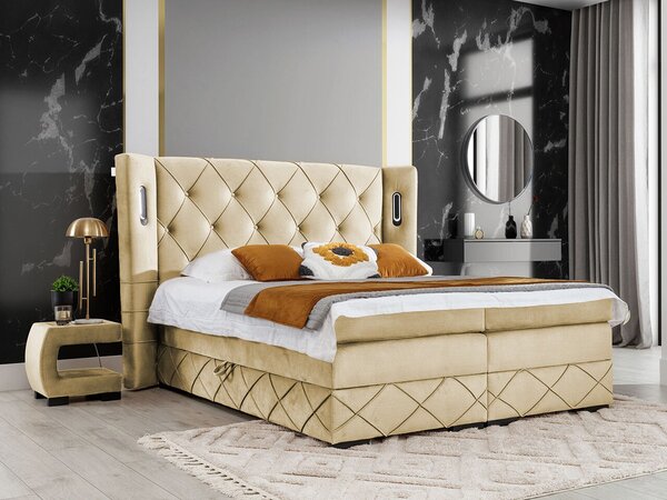 Pat boxspring HistoriaBoxspring, Dublu, Maro deschis, 200x200, Tapiterie, Somiera patSomiera pat, 25x21x14cm