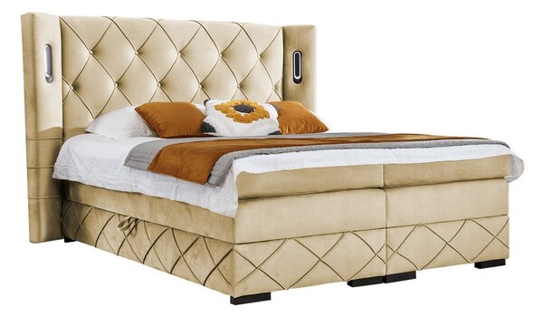 Pat boxspring HistoriaBoxspring, Dublu, Maro deschis, 200x200, Tapiterie, Somiera patSomiera pat, 25x21x14cm