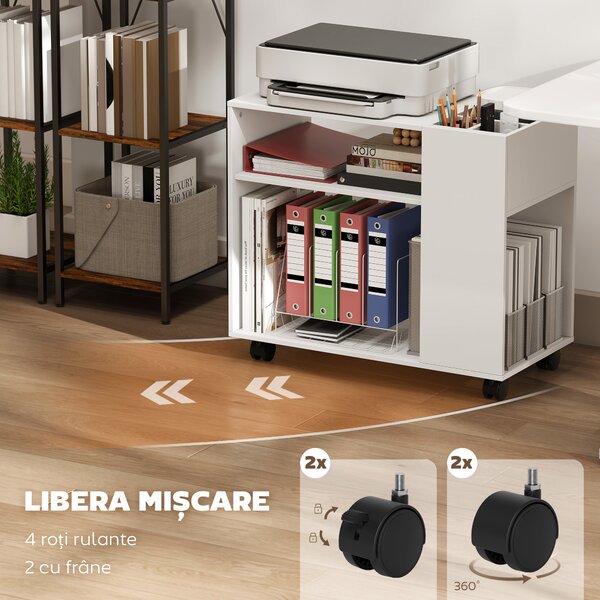 HOMCOM Dulap pentru Imprimantă cu Roți, Dulap Multifuncțional cu Compartimente Deschise, Raft și Spațiu de Depozitare, Noptieră pentru Living, Cameră sau Birou, 70x36x60 cm, Alb | Aosom Romania