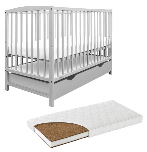 Patut din lemn masiv cu sertar si capac 120x60 cm Kidizi Orella gri si saltea cocos LUX 120x60x12 cm,reglabil pe 3 nivele, certificat EN71