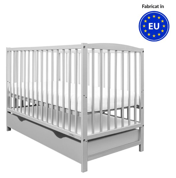 Patut din lemn masiv cu sertar si capac 120x60 cm Kidizi Orella gri si saltea cocos LUX 120x60x12 cm,reglabil pe 3 nivele, certificat EN71