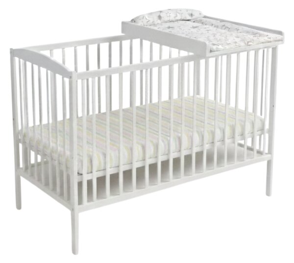 Patut din lemn masiv 120x60 cm Kidizi Orella alb, masuta infasat din lemn si salteluta incluse, reglabil pe 3 nivele, certificat EN71