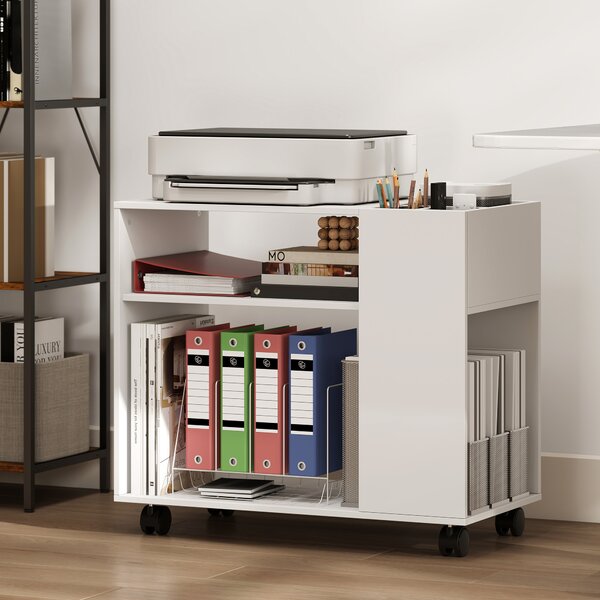 HOMCOM Dulap pentru Imprimantă cu Roți, Dulap Multifuncțional cu Compartimente Deschise, Raft și Spațiu de Depozitare, Noptieră pentru Living, Cameră sau Birou, 70x36x60 cm, Alb | Aosom Romania
