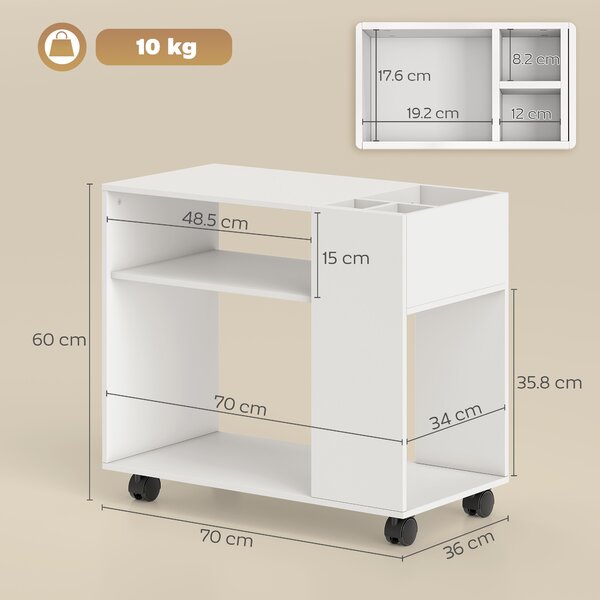 HOMCOM Dulap pentru Imprimantă cu Roți, Dulap Multifuncțional cu Compartimente Deschise, Raft și Spațiu de Depozitare, Noptieră pentru Living, Cameră sau Birou, 70x36x60 cm, Alb | Aosom Romania