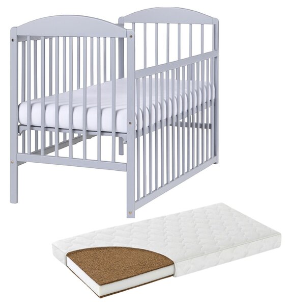 Patut din lemn masiv 120x60 cm Kidizi Orella gri cu laterala culisanta si saltea cocos LUX 120x60x12 cm, reglabil pe 3 nivele, certificat EN71