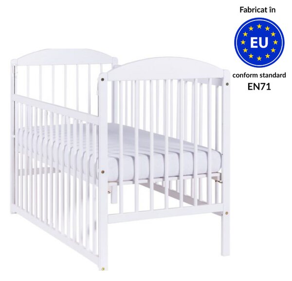 Patut din lemn masiv 120x60 cm Kidizi Orella alb cu laterala culisanta si saltea antialergica cu ventilatie Air 120x60x10 cm, reglabil pe 3 nivele, certificat EN71