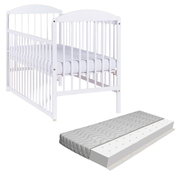 Patut din lemn masiv 120x60 cm Kidizi Orella alb cu laterala culisanta si saltea antialergica cu ventilatie Air 120x60x10 cm, reglabil pe 3 nivele, certificat EN71