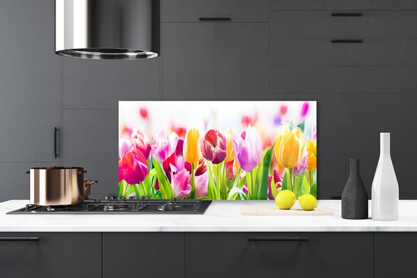 Panou sticla bucatarie Lalele Floral Rosu Roz Verde