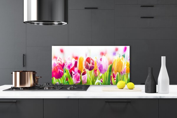 Panou sticla bucatarie Lalele Floral Rosu Roz Verde