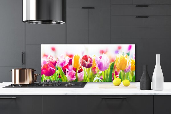 Panou sticla bucatarie Lalele Floral Rosu Roz Verde