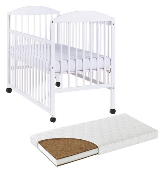 Patut din lemn masiv 120x60 cm Kidizi Orella alb cu laterala culisanta, roti si saltea cocos LUX 120x60x12 cm, reglabil pe 3 nivele, certificat EN71