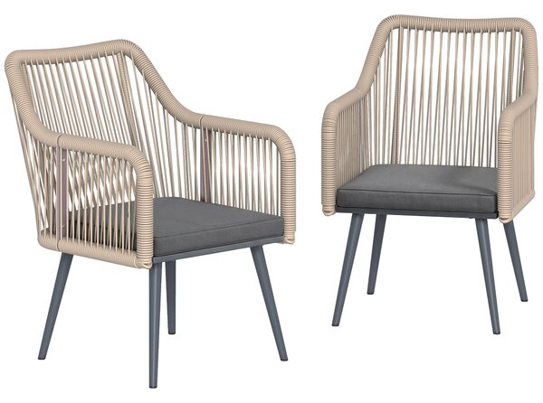 Outsunny Set 2 Scaune de Grădină din Ratan PE cu Perne Moi Lavabile și Brațe, Scaune pentru Dining Exterior din Oțel, pentru Terasă, Balcon, Grădină, Exterior, 54x65x80cm, Gri Închis | Aosom Romania