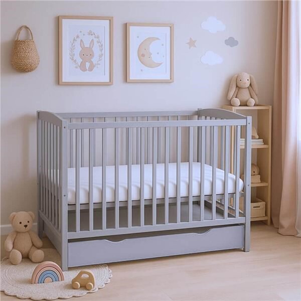 Patut din lemn masiv cu sertar si capac 120x60 cm Kidizi Orella gri,reglabil pe 3 nivele, certificat EN71