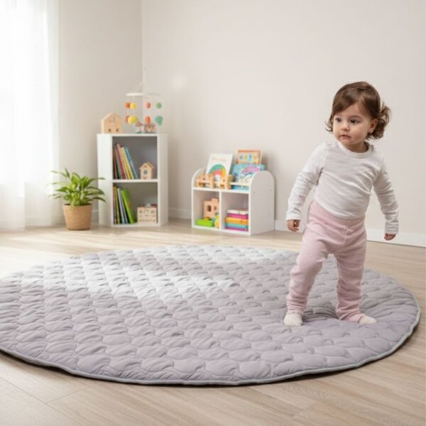 Covor copii de joaca gros rotund cu diametru de 150 cm Kidizi gri, model matlasat, lavabil si usor de intretinut