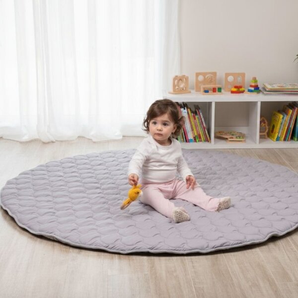 Covor copii de joaca gros rotund cu diametru de 150 cm Kidizi gri, model matlasat, lavabil si usor de intretinut
