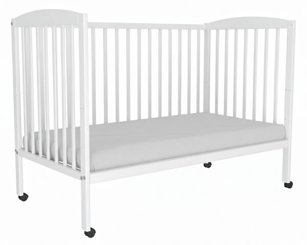 Patut din lemn masiv 120x60 cm Kidizi Orella alb cu laterala culisanta, roti si saltea cocos LUX 120x60x12 cm, reglabil pe 3 nivele, certificat EN71